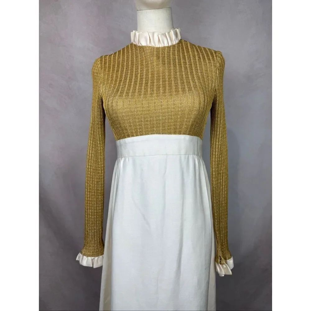 Vintage 1970s Gold Lurex Maxi Dress S Mod MCM Disco ILGWU - Picture 2 of 11